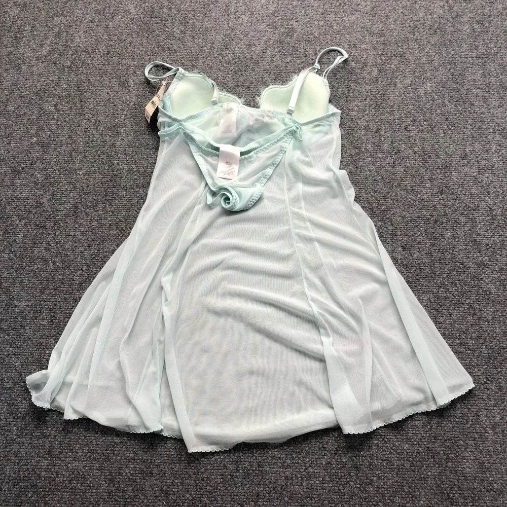 Delicates Aqua Mint Sorbet Lace Mesh Babydoll Lingerie Set with Thong Small NWT